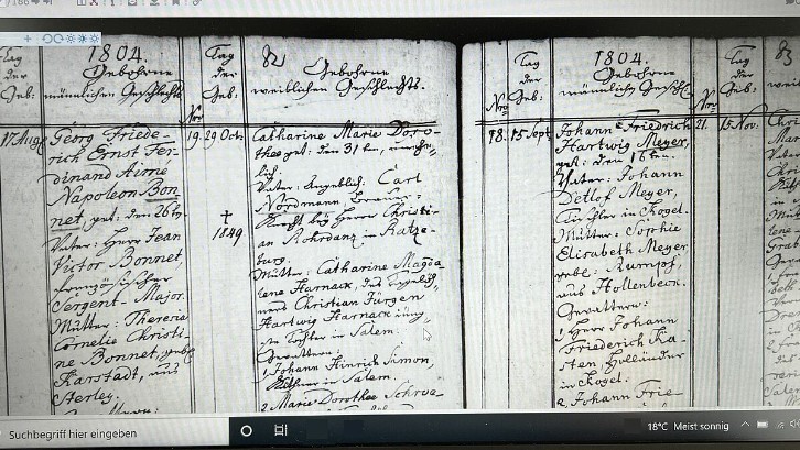 Taufeintrag Georg Bonnet im Kirchenbuch von Sterley 1804 Taufeintrag Georg Bonnet im Kirchenbuch von Sterley 1804